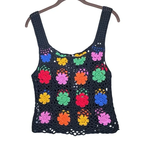 Colorful Crochet Floral Tank Top Granny Square Boho Festival Y2K Medium NWT - Picture 3 of 5